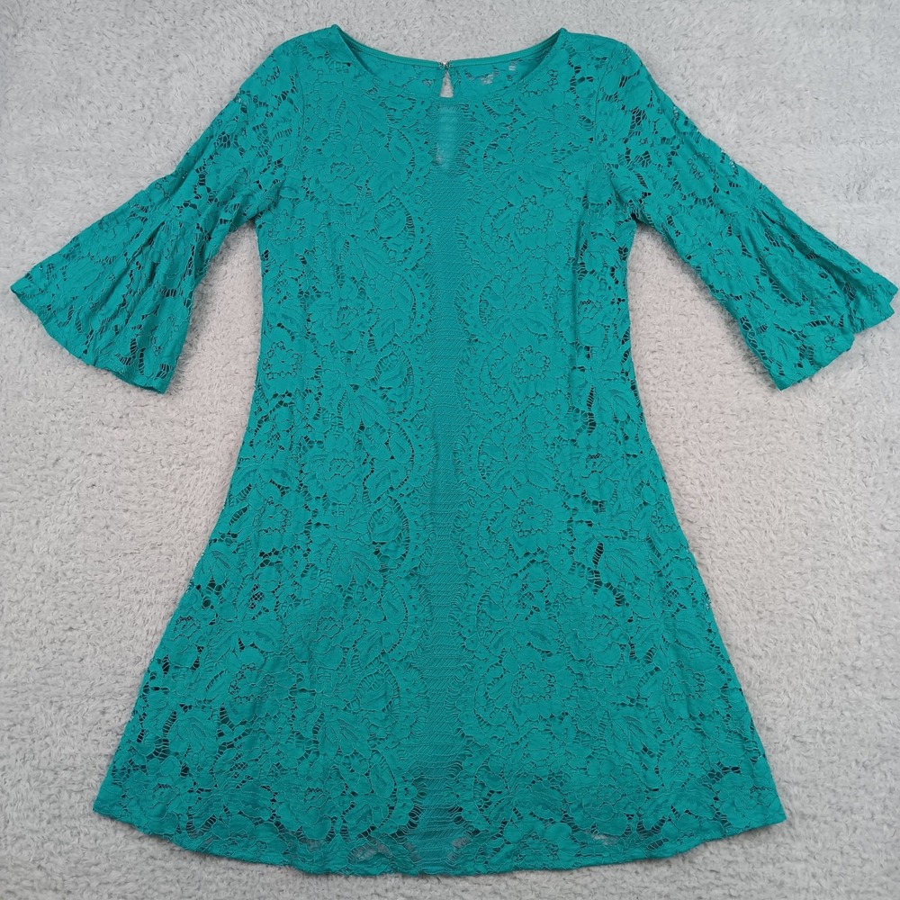 Julian Taylor Dress Shift Woman 6 Teal Floral Lace Bell Sleeve RN 67473